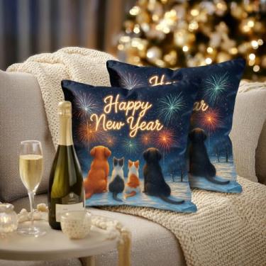 Imagem de HOMETITUTE Conjunto de 2 capas de almofada feliz ano novo 45,7 x 45,7 cm, animais de estimação, fogos de artifício, neve, noite, rústica, fazenda, férias, inverno, fronhas para sofá, cama, decoração