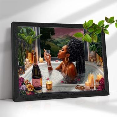 Imagem de Arte de parede de banheiro com capa acrílica - Impressão em tela emoldurada de 30 x 40 cm, arte preta moderna de cena relaxante na hora do banho, decoração afro-americana para quarto, presente