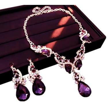 Imagem de Secret for Longevity Conjunto de brincos grossos para presente e colar de berinjela roxo escuro estilo antigo art déco ametista strass declaração casamento noiva baile grosso declaração brincos colar