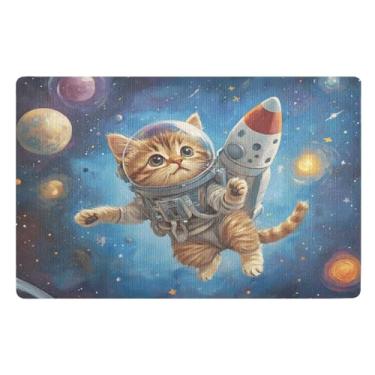 Imagem de Tapete de porta com foguete Space Cat para ambientes externos 81 cm x 50 cm Welcome Matt Outdoor Engraçado antiderrapante para entrada externa pátio varanda
