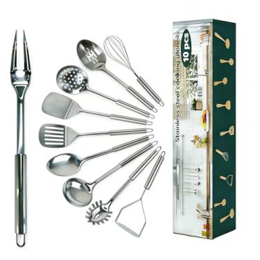 Imagem de Conjunto de 10 utensílios de cozinha, utensílios de cozinha de aço inoxidável, utensílios de cozinha de metal resistente ao calor incluem espátula sólida e ranhurada, colher, concha, servidor de massa