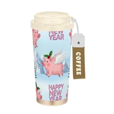 Imagem de TSENQUE Copo de café de 473 ml, copo de café com revestimento cerâmico com canudo e tampa, copo isolado a vácuo de aço inoxidável, asas de porco rosa, porquinho de Natal