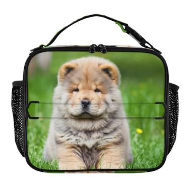 Imagem de Joisal Lancheira personalizada Chow Puppy Dog Grass para mulheres meninas lancheira alça de ombro ajustável masculina crianças lancheira para trabalho rosa linda bolsa isolada