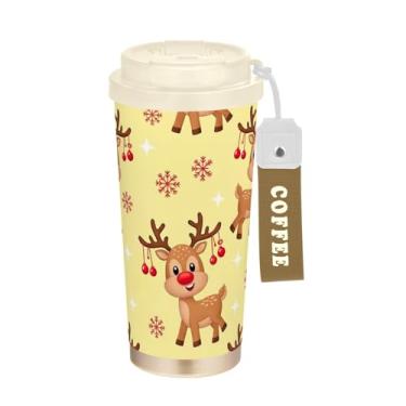 Imagem de TSENQUE Caneca de café de viagem com revestimento cerâmico, copo de café de aço inoxidável com tampa e canudo, copo isolado a vácuo, rena de Natal com desenho fofo