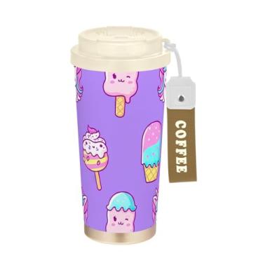 Imagem de TSENQUE Copo de café de 473 ml, com revestimento cerâmico, caneca de café com tampa e palha, copo isolado a vácuo de aço inoxidável, sorvete fofo unicórnio roxo