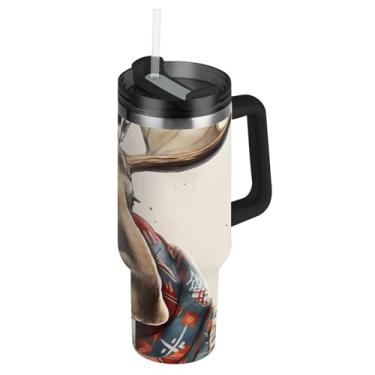 Imagem de Copos de aço inoxidável com tampa e canudo cobertor aconchegante alce impressão carros caneca de café bebida quente copo térmico 1,134 g copo com alça garrafa de água isolada