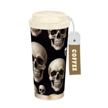 Imagem de TSENQUE Copo de café de 473 ml com tampa de canudo e filp, copo de café de aço inoxidável isolado a vácuo à prova de vazamento, cabeça de caveira branca preta