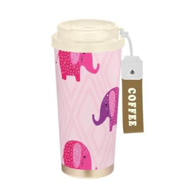 Imagem de TSENQUE Caneca de café de viagem de 473 ml com canudo e tampa, revestimento cerâmico, isolada a vácuo, caneca de café de aço inoxidável à prova de vazamento, elefante roxo rosa fofo