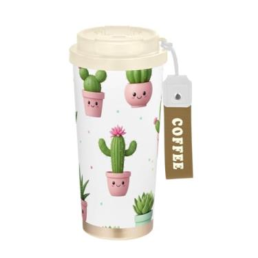 Imagem de TSENQUE Caneca de café de viagem de 473 ml com tampa de canudo e filp, copo de café de viagem de aço inoxidável à prova de vazamento para escritório, escola, festa, acampamento, suculentas fofas rosa