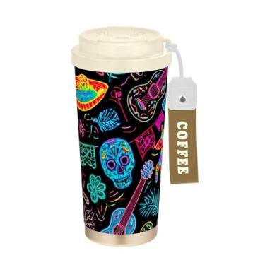 Imagem de TSENQUE Copo de café de viagem 473 ml com revestimento cerâmico, copo de café de aço inoxidável com tampa de enchimento e canudo, copo isolado a vácuo, crânio maximalismo legal preto