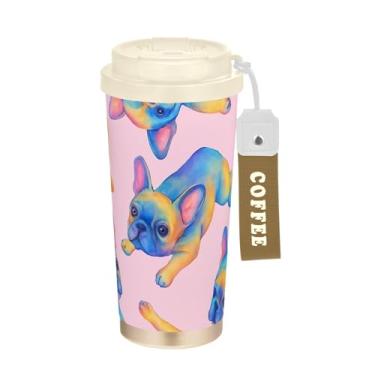 Imagem de TSENQUE Copo de café de 473 ml com revestimento cerâmico, copo de café de aço inoxidável com tampa e canudo, copo isolado a vácuo, lindos buldogues franceses rosa pastel