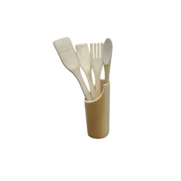 Imagem de Kit 5 Peças Utensílios de Cozinha, Bambu, com Cepo Organizador, Colher, Espátula, Garfo, 275g