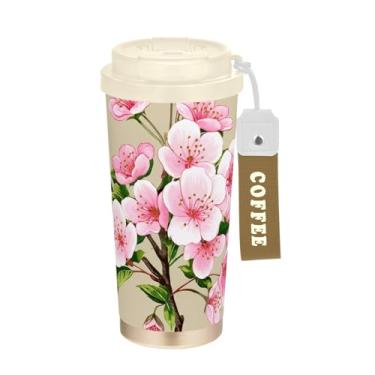 Imagem de TSENQUE Copo de café de 473 ml com revestimento cerâmico, copo de café de viagem de aço inoxidável com canudo e tampa, copo isolado a vácuo, flor de cerejeira rosa primavera floral