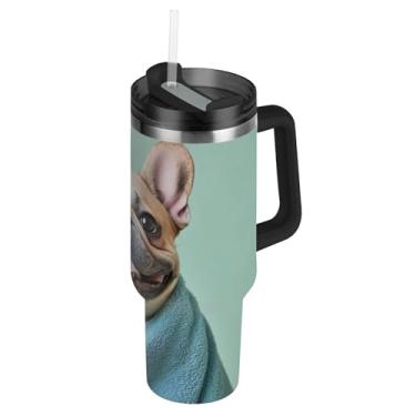 Imagem de Copos de aço inoxidável com tampas e canudos Toalha engraçada embrulhada buldogue francês caneca de café quente para carro copo térmico com alça garrafas de água isoladas de 850 g