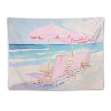 Imagem de Guarda-sóis de praia rosa cadeiras tapeçaria de parede costal decoração de verão pastel arte do oceano para sala de estar quarto pátio relaxante náutico pendurado acento encantador espaços praianos