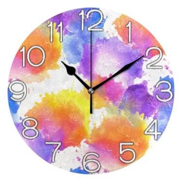 Imagem de GAIGEO Relógio de parede decorativo analógico para sala de aula relógio de escritório operado por bateria silencioso, decoração de parede moderna para sala de estar, aquarela abstrata, colorido, 25 cm