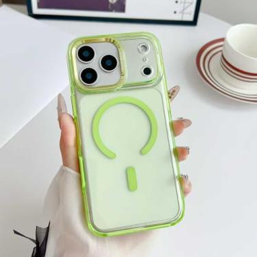 Imagem de SFDSUH Capa transparente magnética para carregamento sem fio do iPhone 16 Pro com anel de lente de metal e capa rígida de acrílico (para iPhone 16 Pro/verde claro)