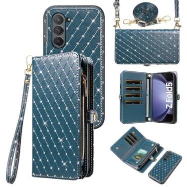 Imagem de Capa de celular para Samsung Galaxy Z Fold 5 5G 2023 com zíper carteira destacável com alça transversal alça de cordão bling glitter flip compartimento para cartão ZFold5 Z5 G Fold5 5Z mulheres homens