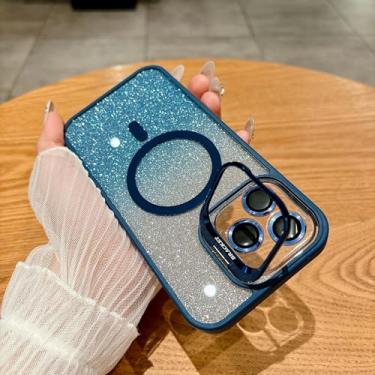 Imagem de HJZSZX Capa protetora de lente de vidro com suporte magnético e à prova de choque para iPhone 16 Plus (azul escuro)