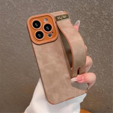 Imagem de IRTGFG Suporte de pulso de couro de luxo para iPhone 16, capa macia e completa (para iPhone 16/cáqui)