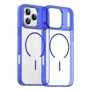 Imagem de SFDSUH Capa de luxo transparente com carregamento sem fio magnético para iPhone 16 Pro Max (Azul)