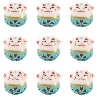 Imagem de 9 peças espaçador de contas de porcelana de gato da sorte impresso à mão fofo gatinho animal contas de cerâmica para brincos faça você mesmo, colar, pulseira, chaveiro, joias, artesanato, suprimentos