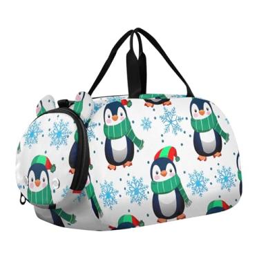 Imagem de Sacola de viagem com glitter rosa vibrante para meninas, bolsas de viagem para fim de semana, bolsa esportiva infantil para meninos, Pinguins fofos flocos de neve brancos, Clássico