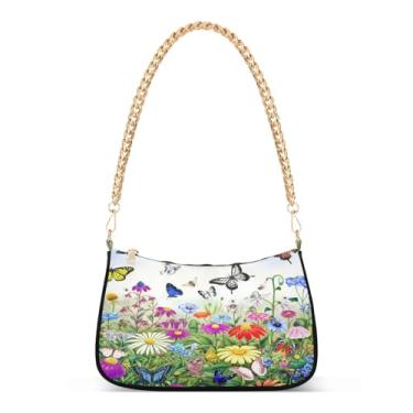 Imagem de Bolsa de ombro com corrente floral borboleta colorida, bolsa feminina Hobo, bolsa média moderna para uso diário e festa