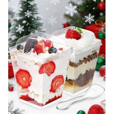 Imagem de OTOB Pacote com 300 copos de sobremesa de 153 g com tampas e colheres | Serve 100 | Copos quadrados pequenos de pudim de bolo de plástico, mini copos de servir de festa para parfait, iogurte
