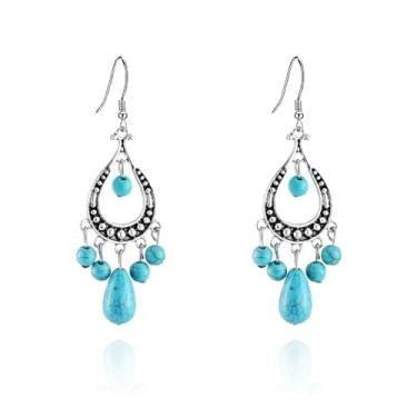 Imagem de LKingel Brincos femininos com pingente turquesa boêmia grandes ovais turquesa satement brincos de gota turquesa ocidental, Zinco, Turquesa