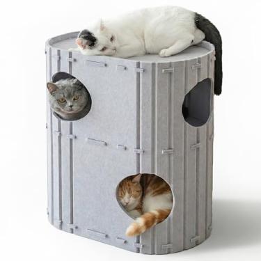 Imagem de PETKARAY Casa de feltro para gatos de 2 andares, caverna de cama grande para gatos internos, condomínio esconderijo de túnel de feltro para famílias com vários gatos, 60 x 56 x 30 cm, cinza