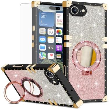 Imagem de Asuwish Capa de telefone para iPhone 16e/SE 2025/SE 4 capa magnética para celular com protetor de tela e anel espelhado com glitter brilhante suporte rígido i Phone16e i16e 16 e SE4 4ª geração 16eCase