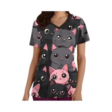 Imagem de Blusa De Enfermagem Feminina Com Estampa De Gato Em Desenho Animado, U