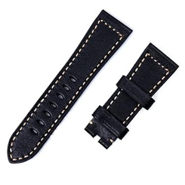 Imagem de MURVE Pulseira de relógio artesanal de 26 mm italiano marrom preto áspero vintage pulseira de couro genuíno substituir para pulseira Panerai (cor: linha bege preta, tamanho: sem fivela)