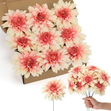 Imagem de Norme 24 peças de flores artificiais grandes de 13 cm, dálias falsas de seda com caules, flores falsas, buquês de casamento, arranjos florais para decoração de mesa de chá de panela DIY (rosa amarelo)