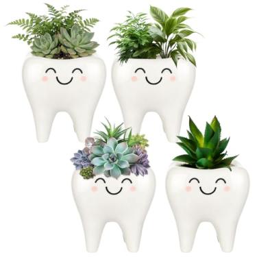 Imagem de FoldTier 4 peças de vasos de cerâmica em forma de dente mini porcelana suculentas recipientes para plantas presentes engraçados para decoração de escritório odontológico dentista assistente