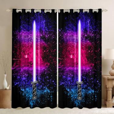 Imagem de Feelyou Cortinas de sabre de luz 106 cm L x 213 cm C para crianças, meninos, adolescentes, gradiente, rosa, azul, 2 painéis, decoração de quarto, bolso para varão, isolamento térmico, cortinas para