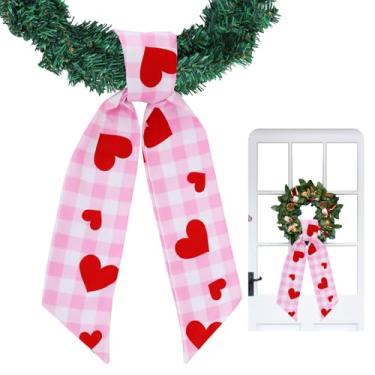 Imagem de TONIFUL Faixa de grinalda de dia dos namorados para porta da frente laço rosa coração fita para guirlanda, entrada, interior, exterior, quintal, decoração de aniversário (11,4 cm x 142,2 cm)