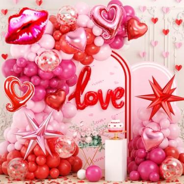 Imagem de JOGAMS Kit de guirlanda de arco de balão de dia dos namorados, rosa claro rosa choque e balões vermelhos com carta de amor, coração, estrela e balões labiais para Dia dos Namorados, Galentina, festas