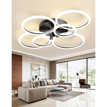 Imagem de Luminária de teto LED moderna com design de anéis, dimerizável e com controle remoto. Ideal para sala de estar, quarto, sala de jantar e escritório. Luminária de acrílico embutida para sala