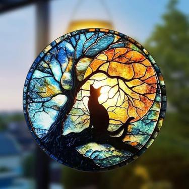 Imagem de Adesivo para janela de vidro com árvore colorida e silhueta de gato de 22 x 23 cm - Decoração de PVC impermeável resistente a UV, presente encantador para amantes de gatos e natureza