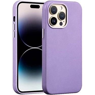 Imagem de GANYUU Capa de telefone traseira de couro premium, para Apple iPhone 14 Plus 2022 à prova de choque resistente a arranhões [carregamento magnético sem fio] capa de proteção (cor: roxo claro)