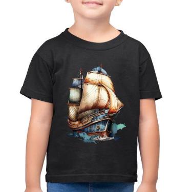 Imagem de Camiseta Algodão Infantil Navio Vintage - Foca na Moda, Preto, 10