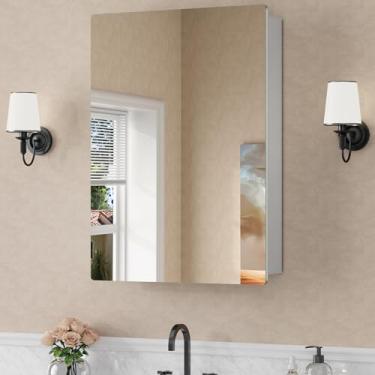 Imagem de Armário de remédios de 50 x 71 cm com espelho, armários de banheiro embutidos ou montados na superfície para armazenamento, prateleiras ajustáveis de vidro temperado, dobradiças DTC de fechamento