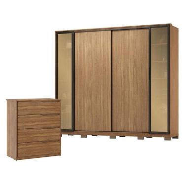 Imagem de Cômoda Átria e Guarda Roupa Casal Laredo Amêndola Touch Nude Prime Flex com Portas de Vidro Reflecta e Pés - Demartez