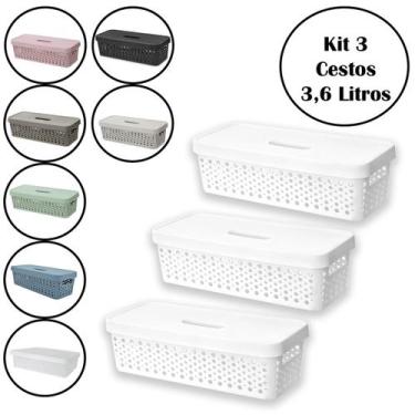 Imagem de Kit 3 Cestos Organizador 3,6 Litros Multiuso Com Tampa - Usual Utilida