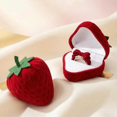 Imagem de Caixa de anel em forma de morango – caixa de joias para noivado e casamento, doce surpresa para marido, esposa, namorada, namorado, caixa de anel resistente com interior de flor artificial