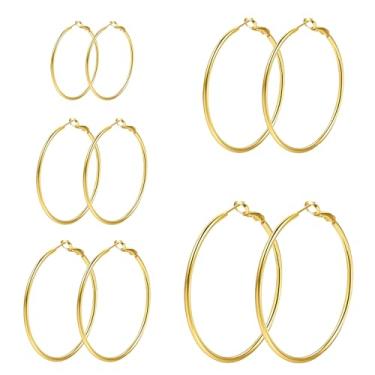 Imagem de 4/5/6 pares de brincos de argola de aço inoxidável 30/40/50/60/70 mm prata ouro 14 K conjunto de brincos de argola hipoalergênicos, grandes, finos e leves, Aço inoxidável, Sem pedra preciosa