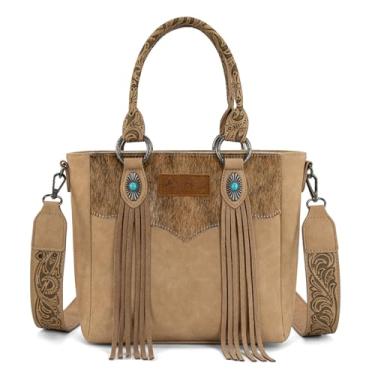 Imagem de Montana West Bolsa transversal feminina Western de couro com borla e alça superior, Bege