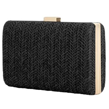 Imagem de Bolsas clutch de palha de verão para mulheres, bolsas transversais de tecido ráfia, bolsa de noite para festa de casamento, Preto